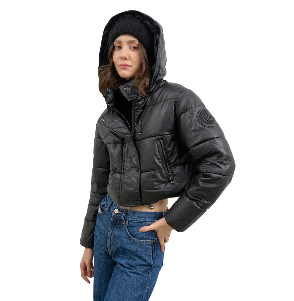 Relish ALBADAH women's faux leather down jacket with detachable hood plus zip and drawstring. Black