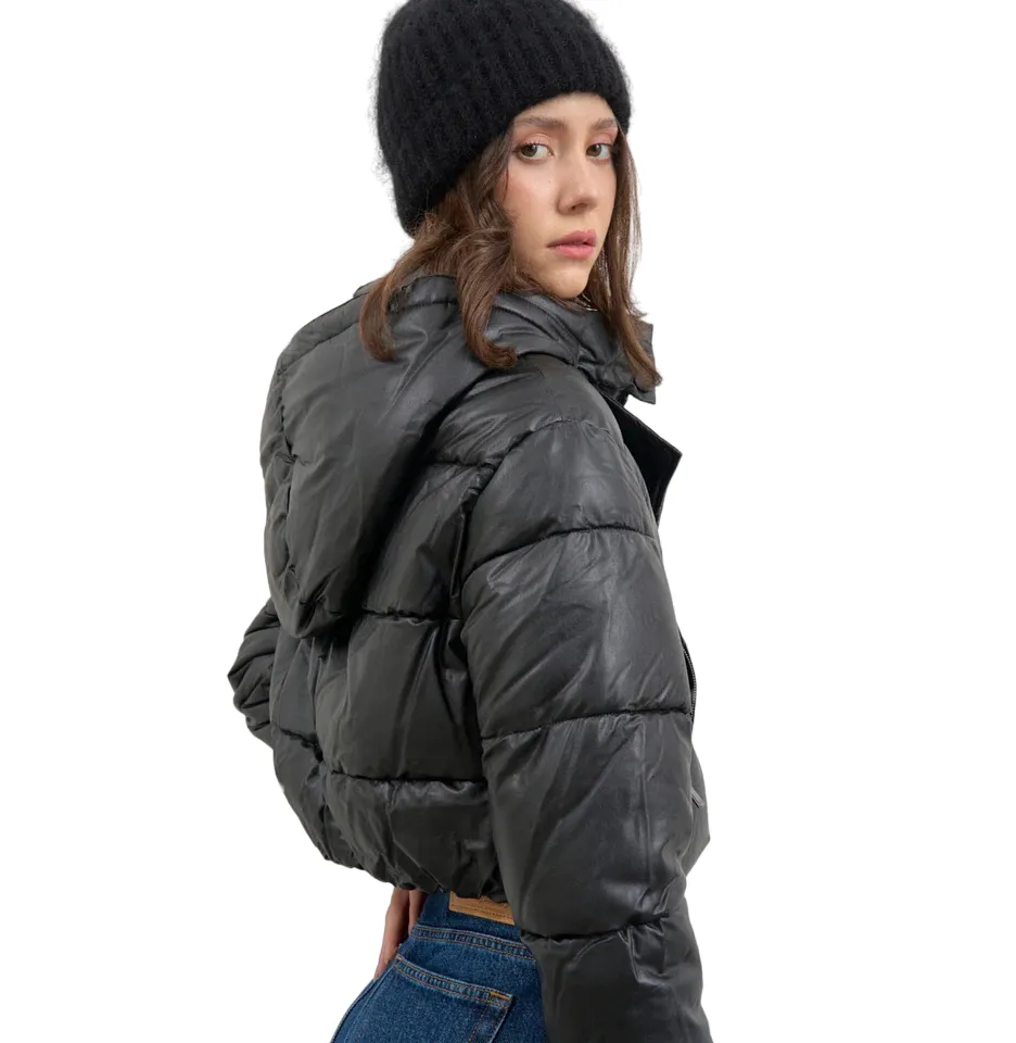 Relish ALBADAH women's faux leather down jacket with detachable hood plus zip and drawstring. Black