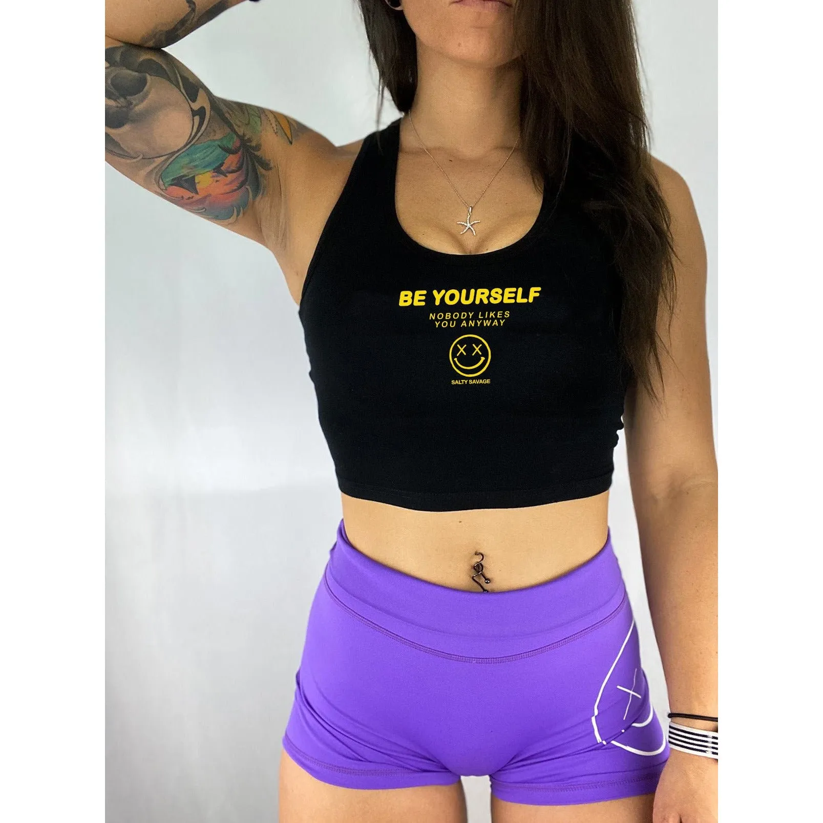 Salty Savage Ladies "BE YOURSELF" Cropped Racerback Tank | Micro | Black/Yellow