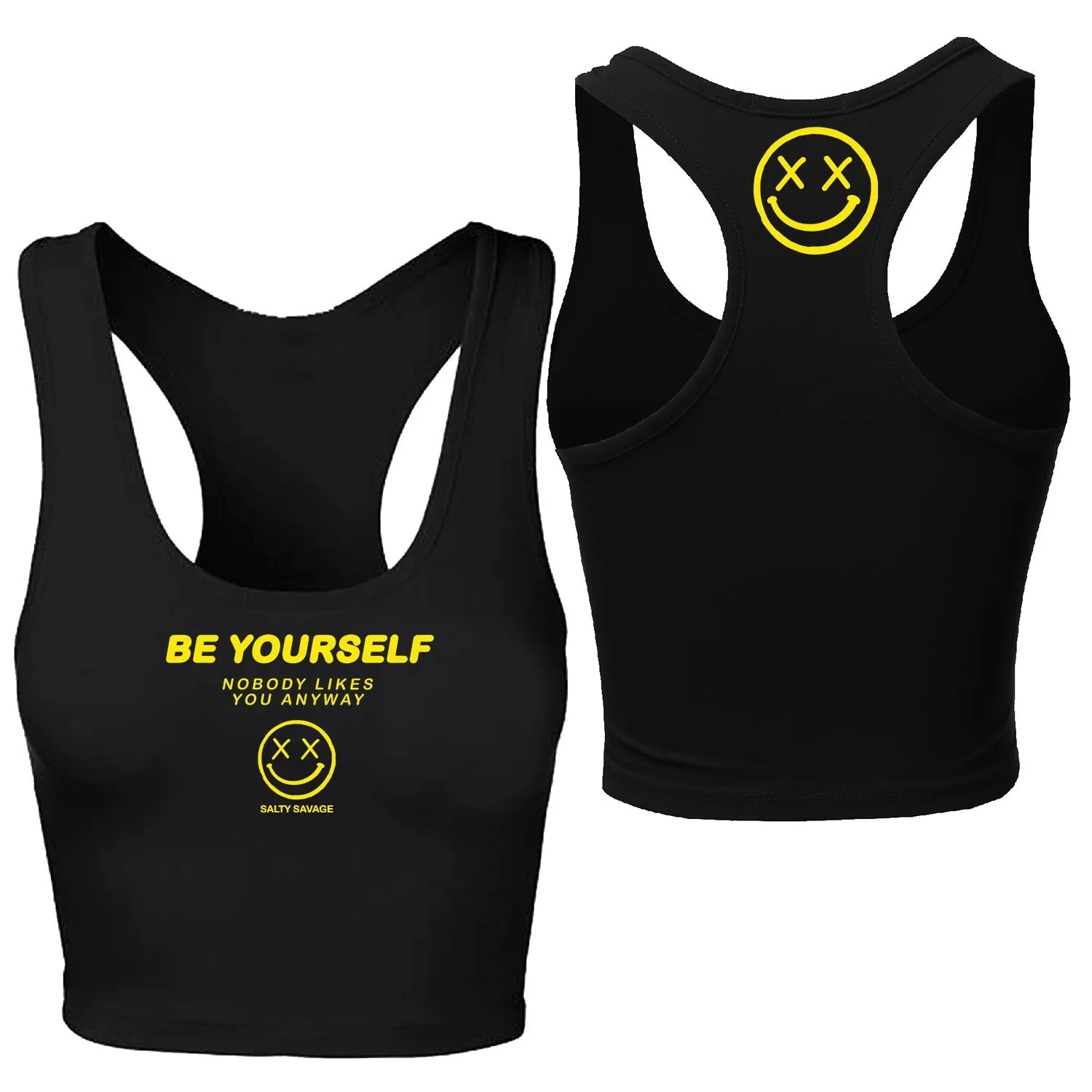 Salty Savage Ladies "BE YOURSELF" Cropped Racerback Tank | Micro | Black/Yellow