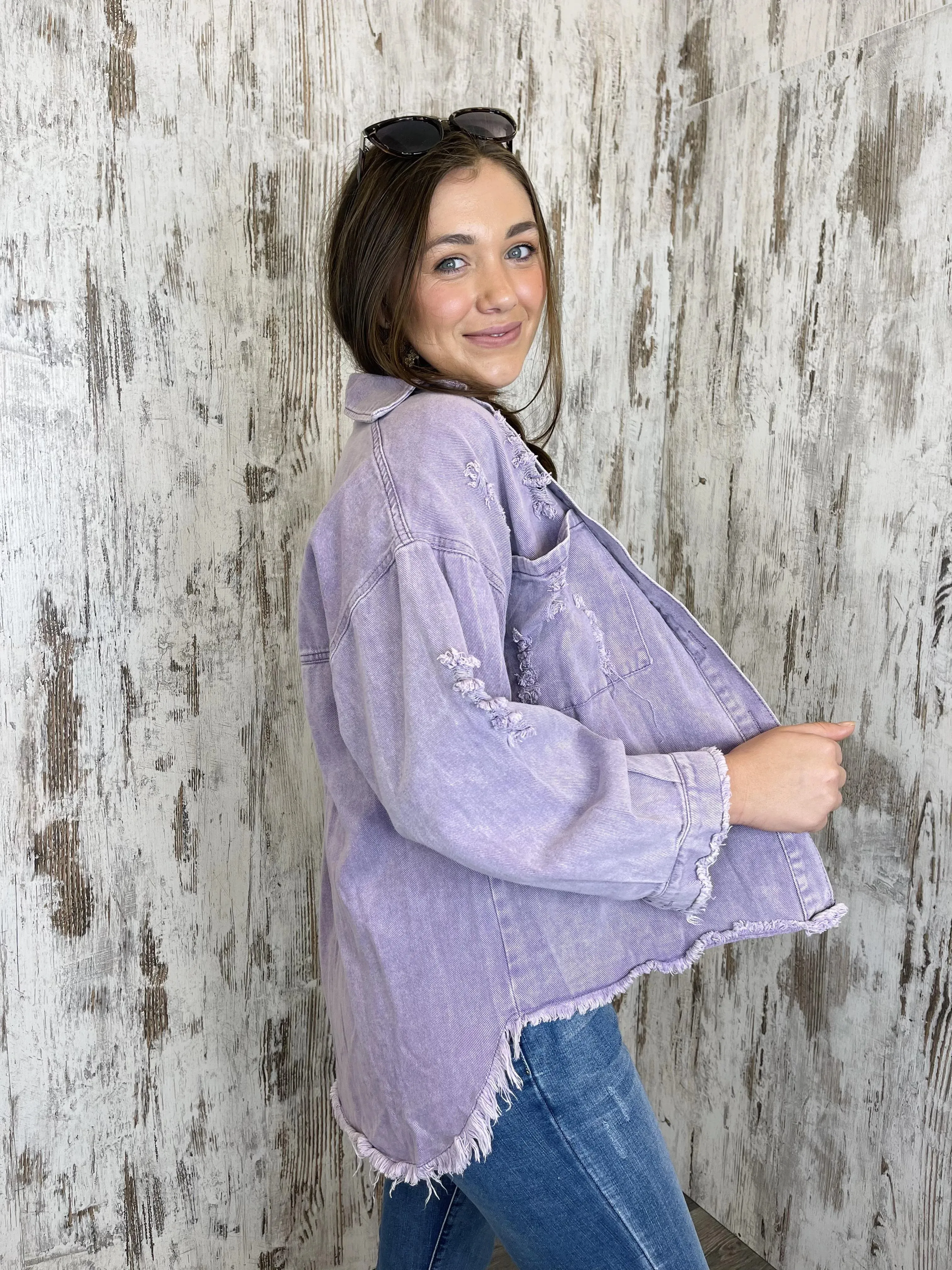 Spirit Distressed Denim Jacket - Lilac