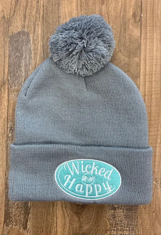 Wicked Happy - Grey Pom Pom Beanie With Aqua Logo