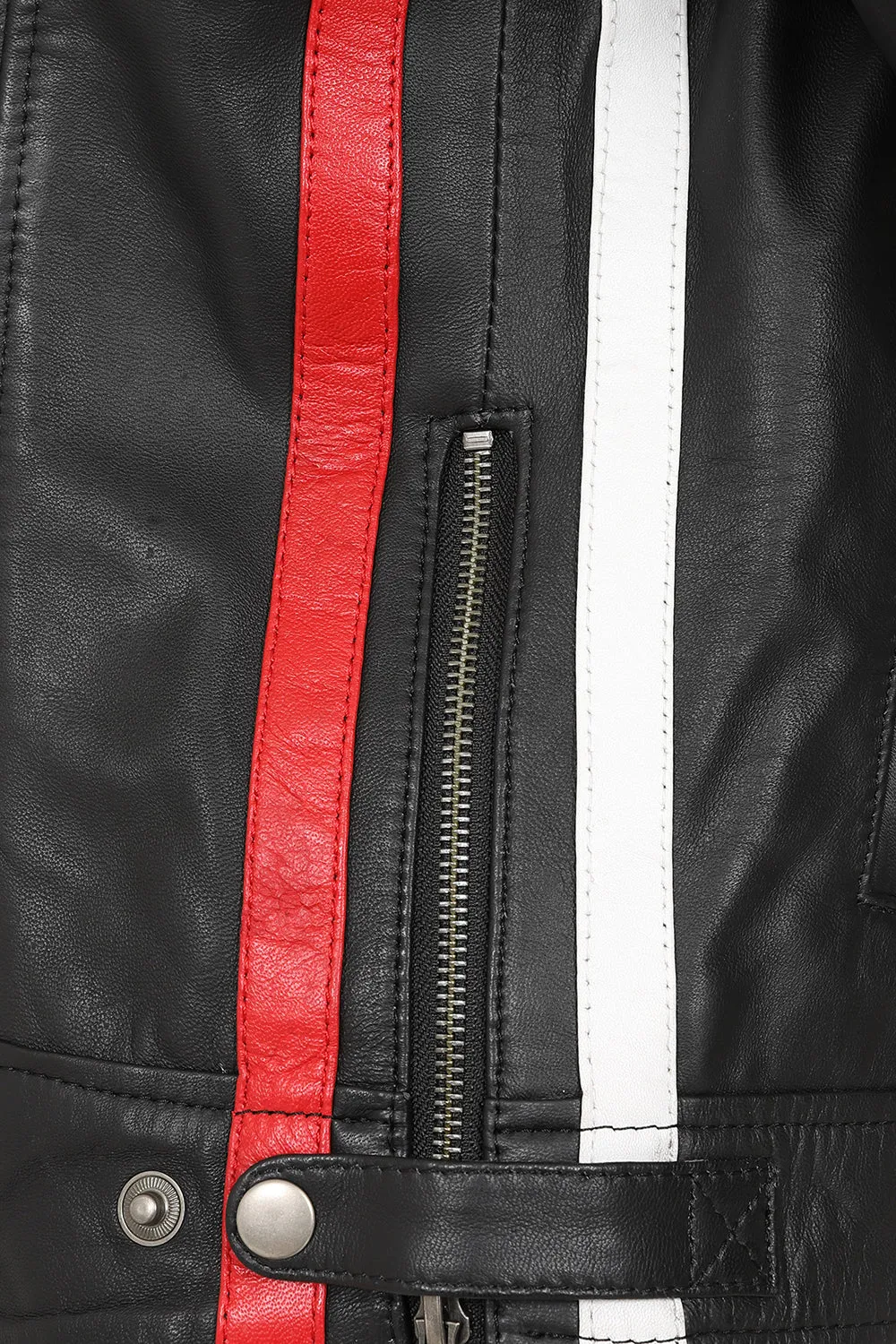 Women's Black Racing Style Leather Jacket with Red and White Stripes - FRANCIS