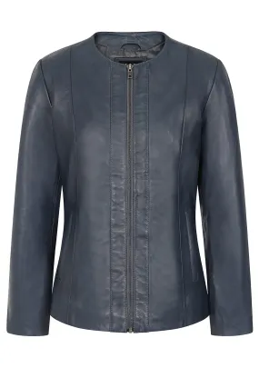 Women's Classic Navy Blue Real Leather Jacket No Collar - 'DEBORAH NC'