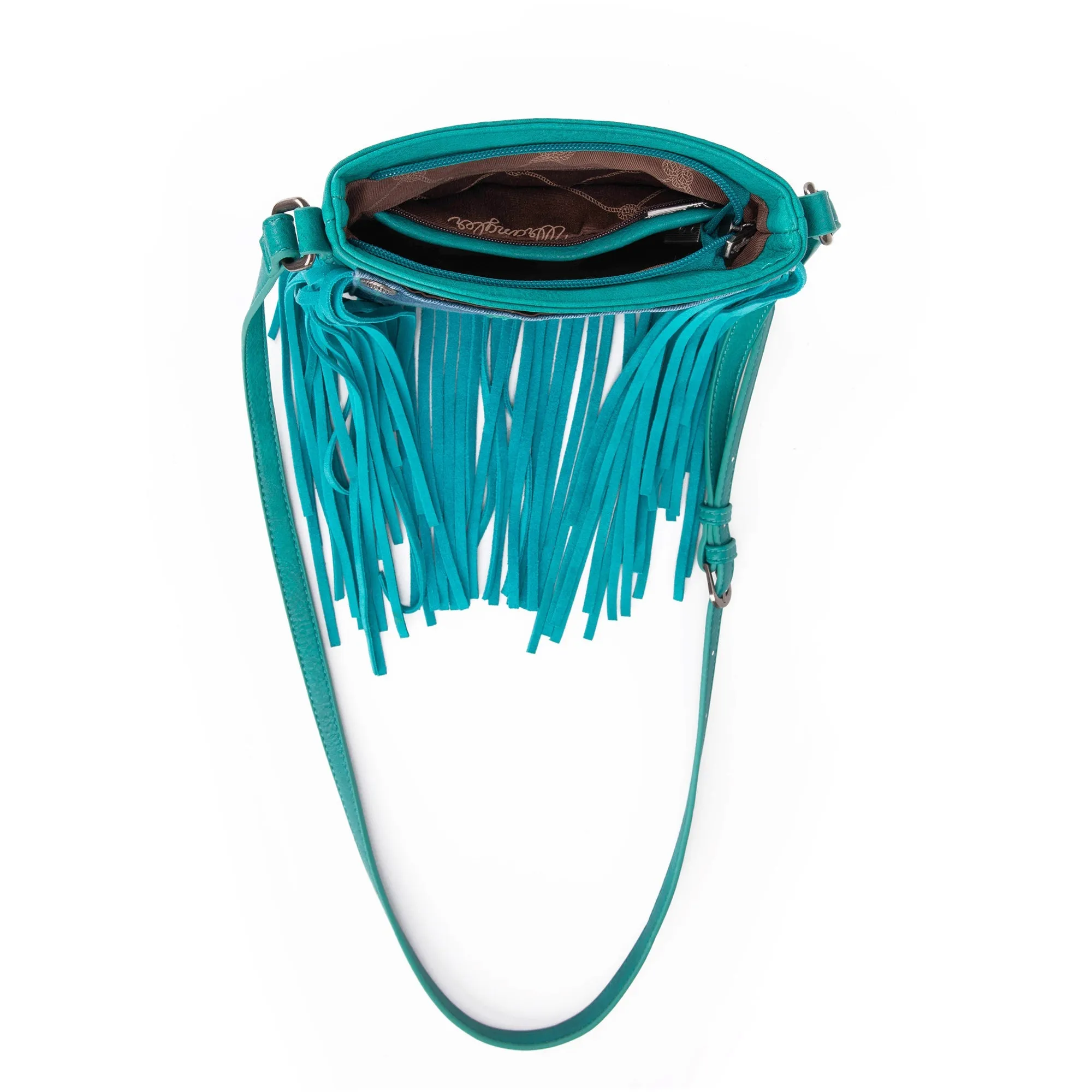 Wrangler Leather Fringe Jean Denim Pocket Crossbody - Turquoise