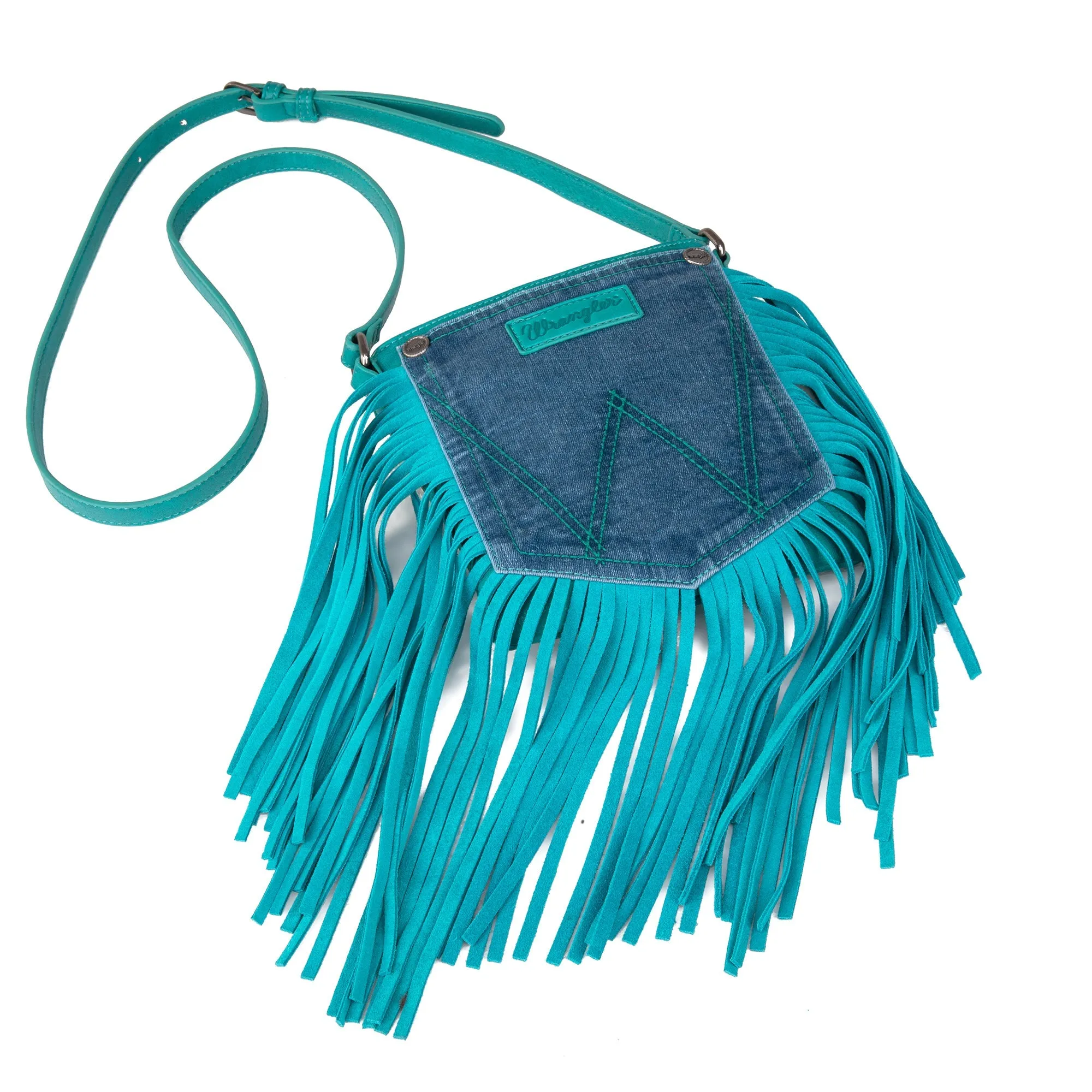 Wrangler Leather Fringe Jean Denim Pocket Crossbody - Turquoise