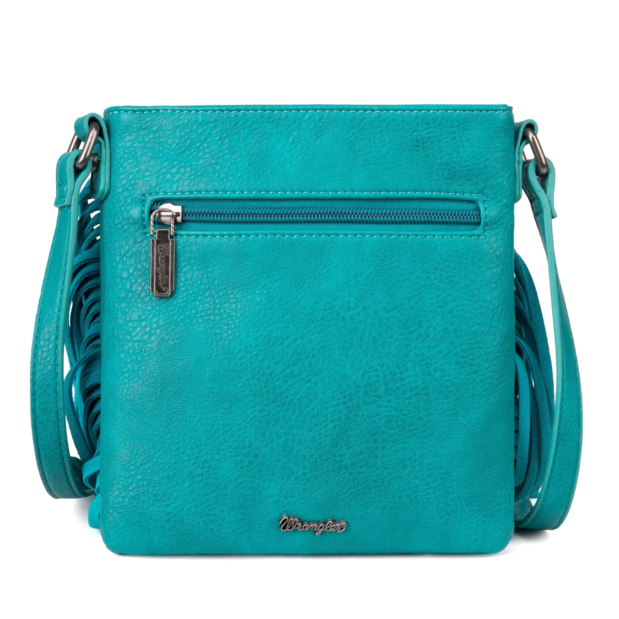 Wrangler Leather Fringe Jean Denim Pocket Crossbody - Turquoise