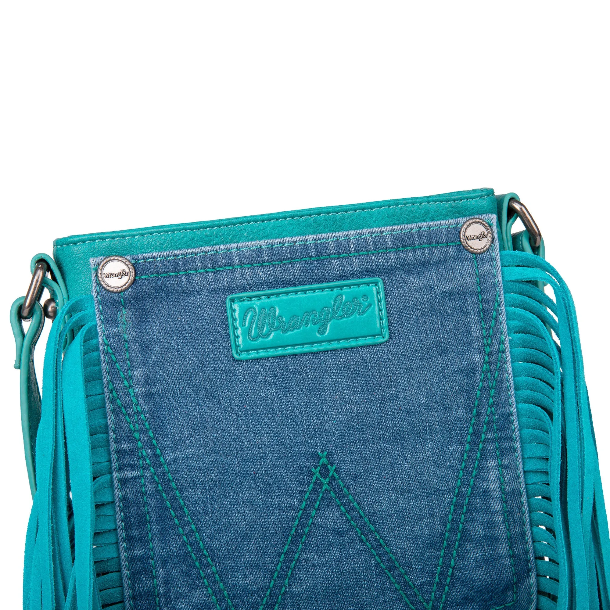 Wrangler Leather Fringe Jean Denim Pocket Crossbody - Turquoise